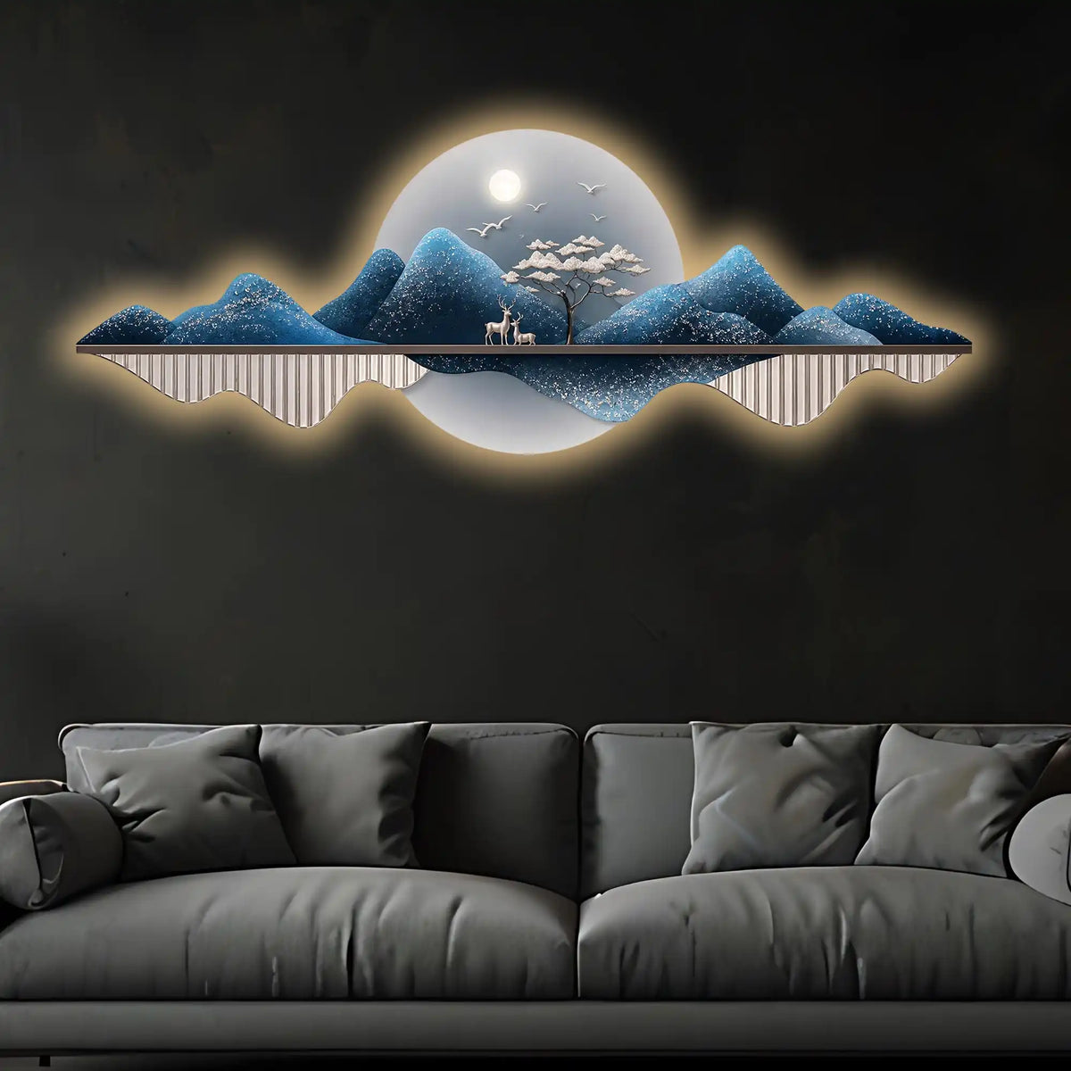 Moon Beyond the Mountains Crystal Glass Backlit LED Wall Art