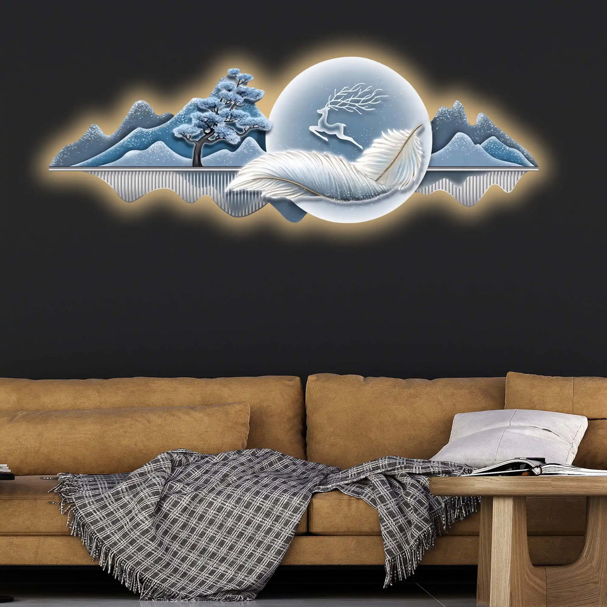 Moonlit Feather Deer & Mountains Crystal Glass Backlit LED Wall Art