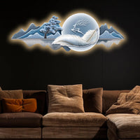 Moonlit Feather Deer & Mountains Crystal Glass Backlit LED Wall Art