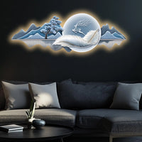 Moonlit Feather Deer & Mountains Crystal Glass Backlit LED Wall Art