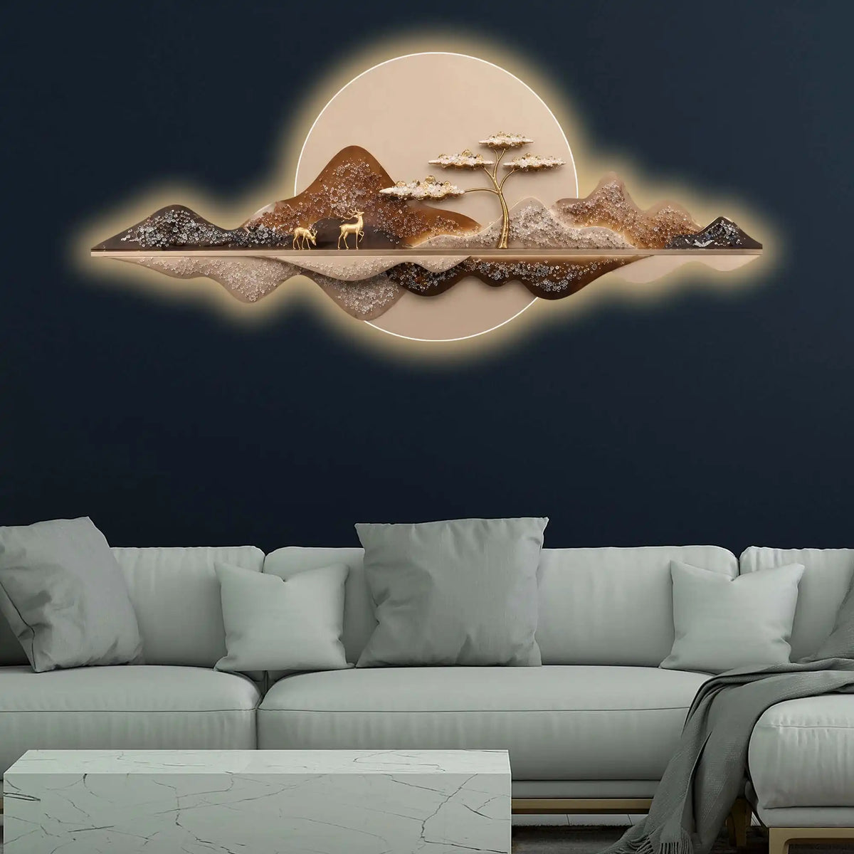 Moonlit Mountain Deer Crystal Glass Backlit LED Wall Art