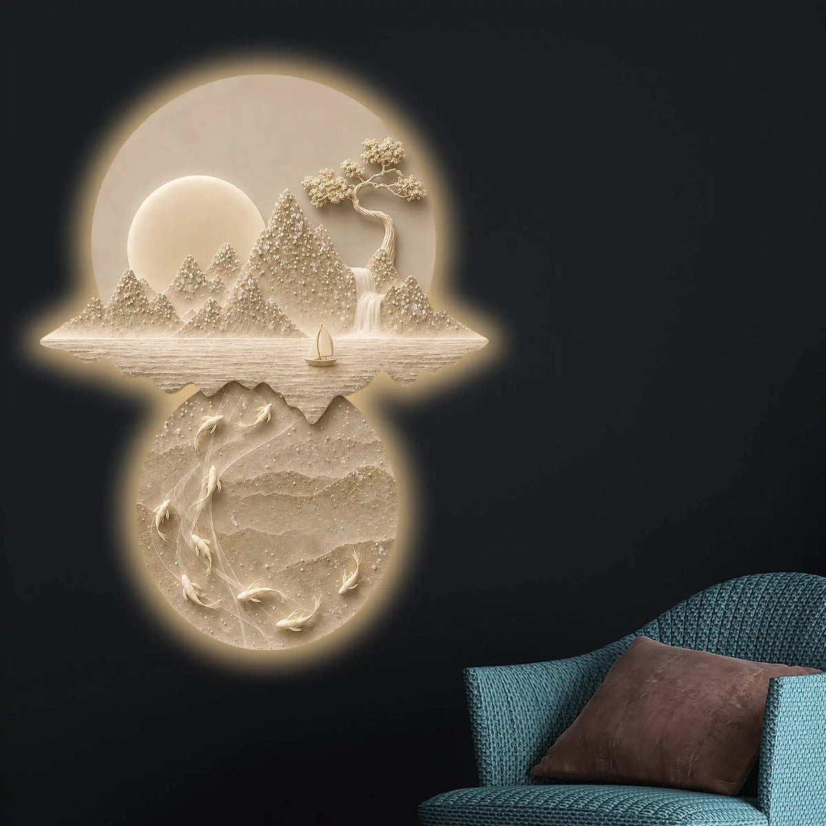 Moonlit Mountain & Koi Pond Crystal Glass Backlit LED Wall Art
