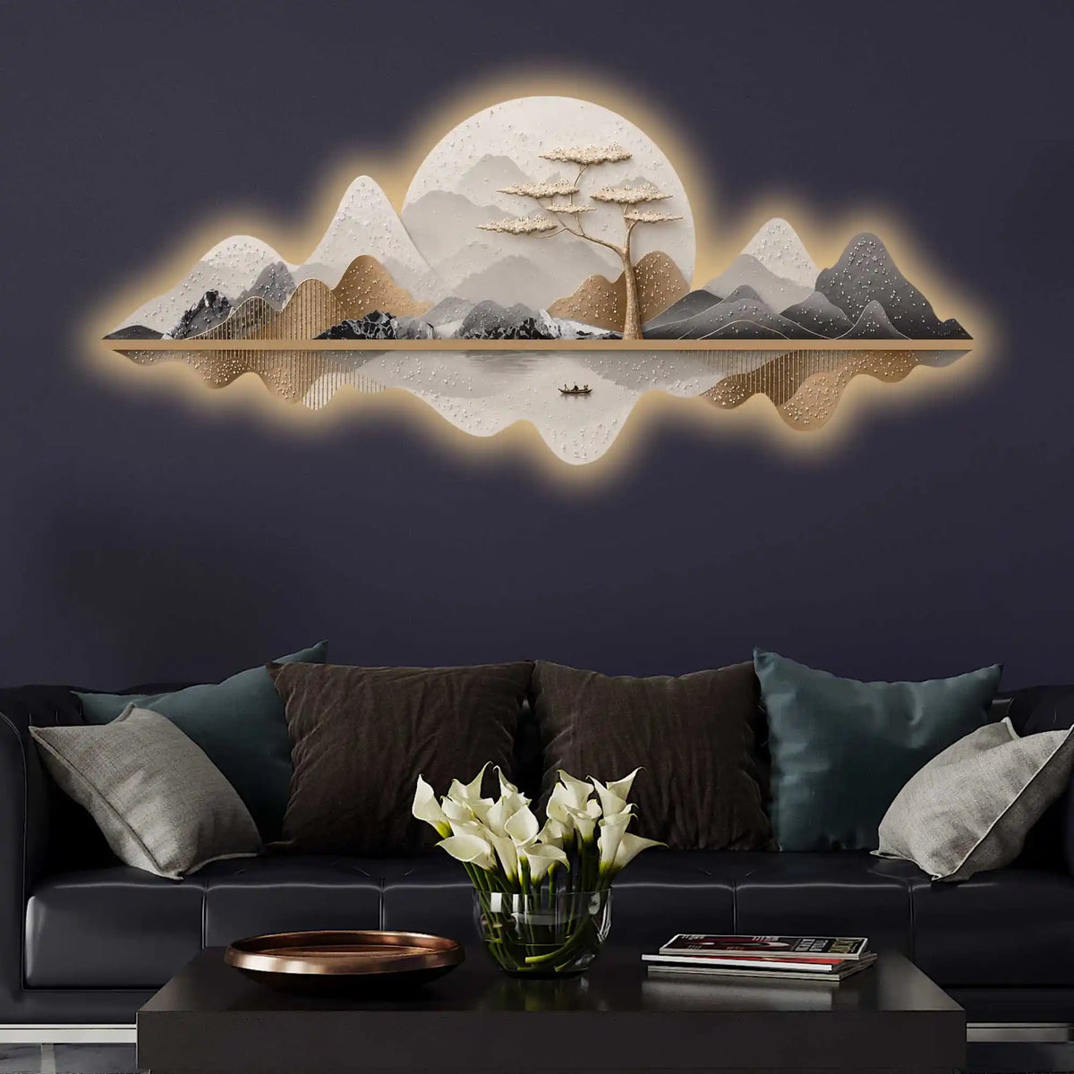 Moonlit Mountain Voyage Premium Crystal Glass Backlit LED Wall Art