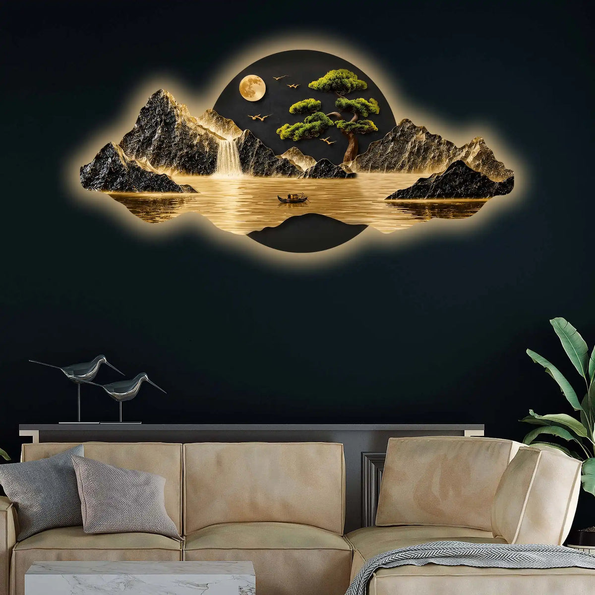 Moonlit Waterfall Bonsai Tree & River Crystal Glass Backlit LED Wall Art