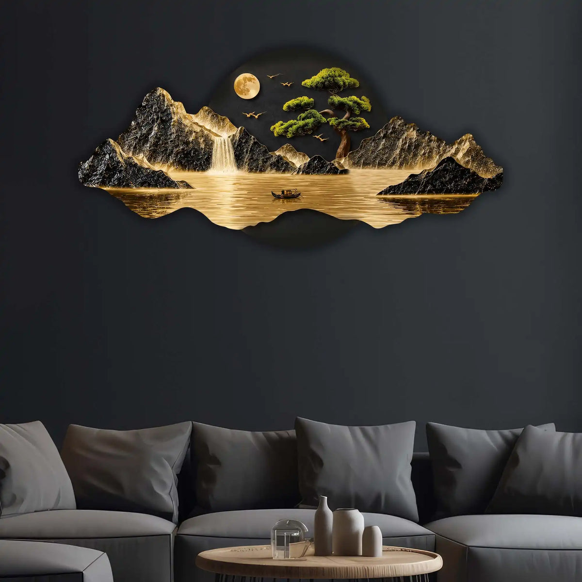 Moonlit Waterfall Bonsai Tree & River Crystal Glass Backlit LED Wall Art