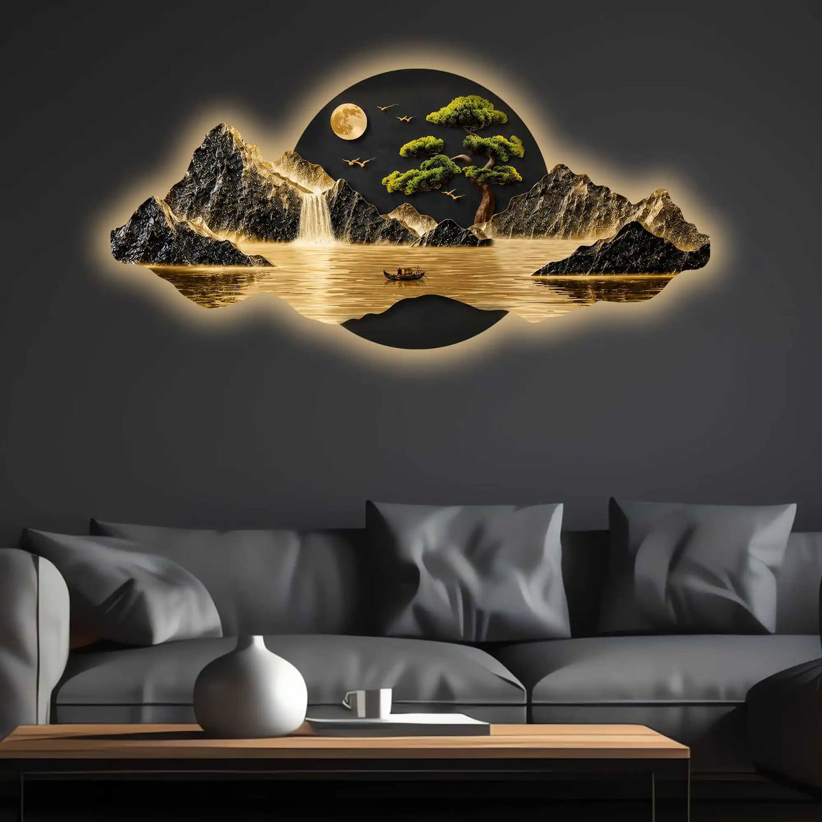 Moonlit Waterfall Bonsai Tree & River Crystal Glass Backlit LED Wall Art
