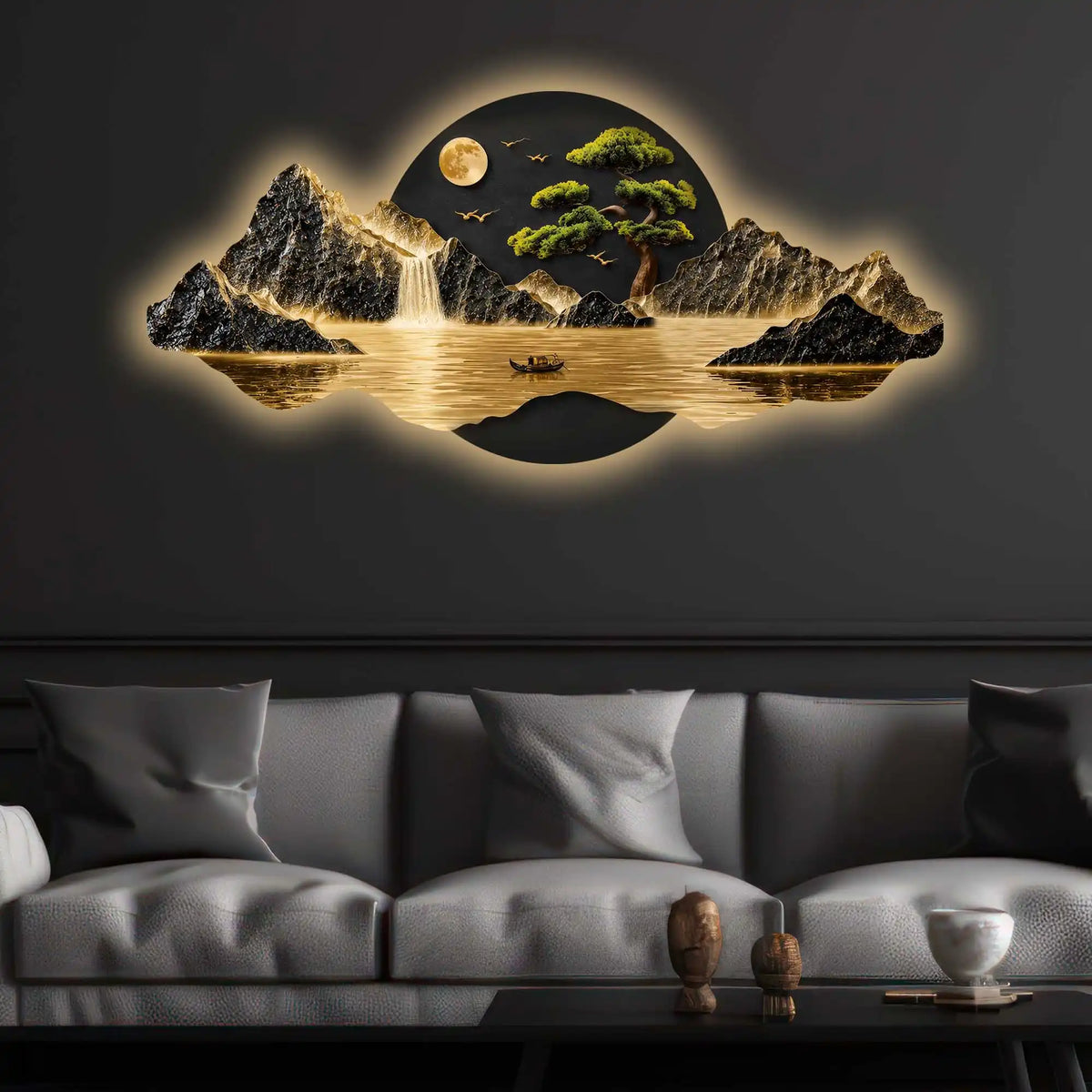 Moonlit Waterfall Bonsai Tree & River Crystal Glass Backlit LED Wall Art