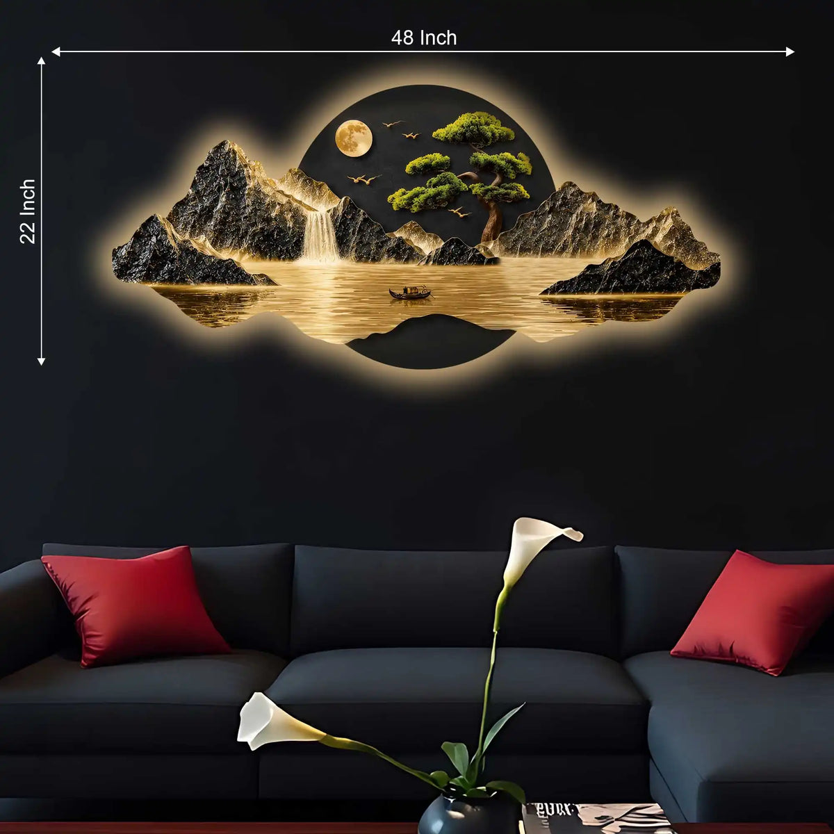 Moonlit Waterfall Bonsai Tree & River Crystal Glass Backlit LED Wall Art