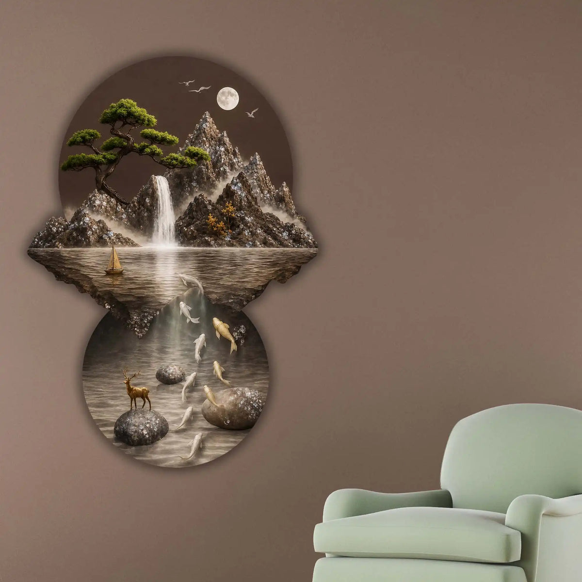 Moonlit Waterfall Koi Fish & Deer Crystal Glass Backlit LED Wall Art