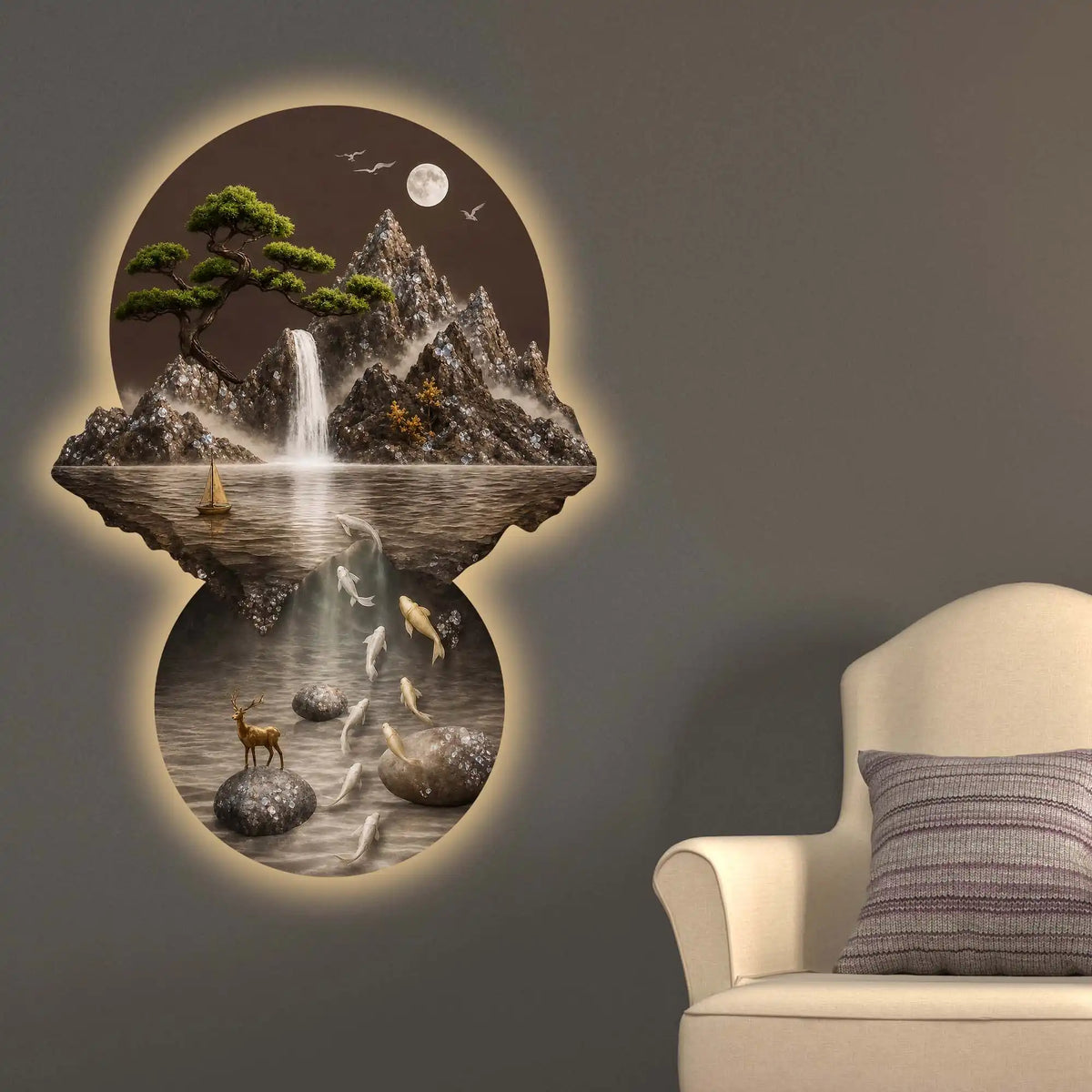 Moonlit Waterfall Koi Fish & Deer Crystal Glass Backlit LED Wall Art