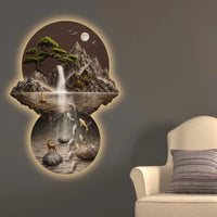 Moonlit Waterfall Koi Fish & Deer Crystal Glass Backlit LED Wall Art