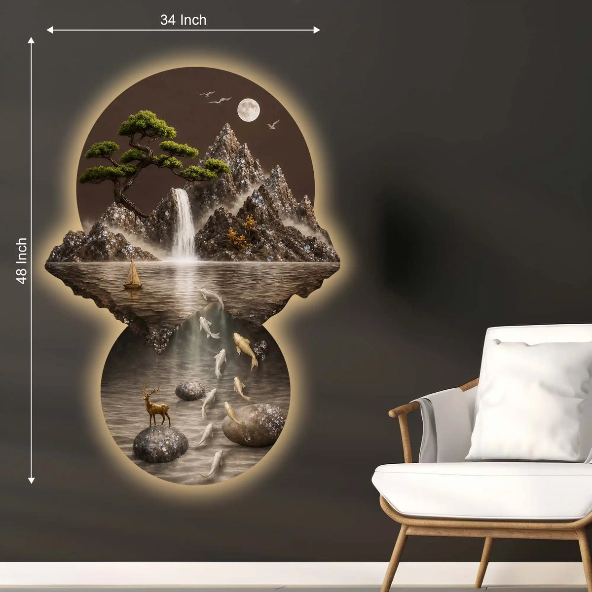 Moonlit Waterfall Koi Fish & Deer Crystal Glass Backlit LED Wall Art