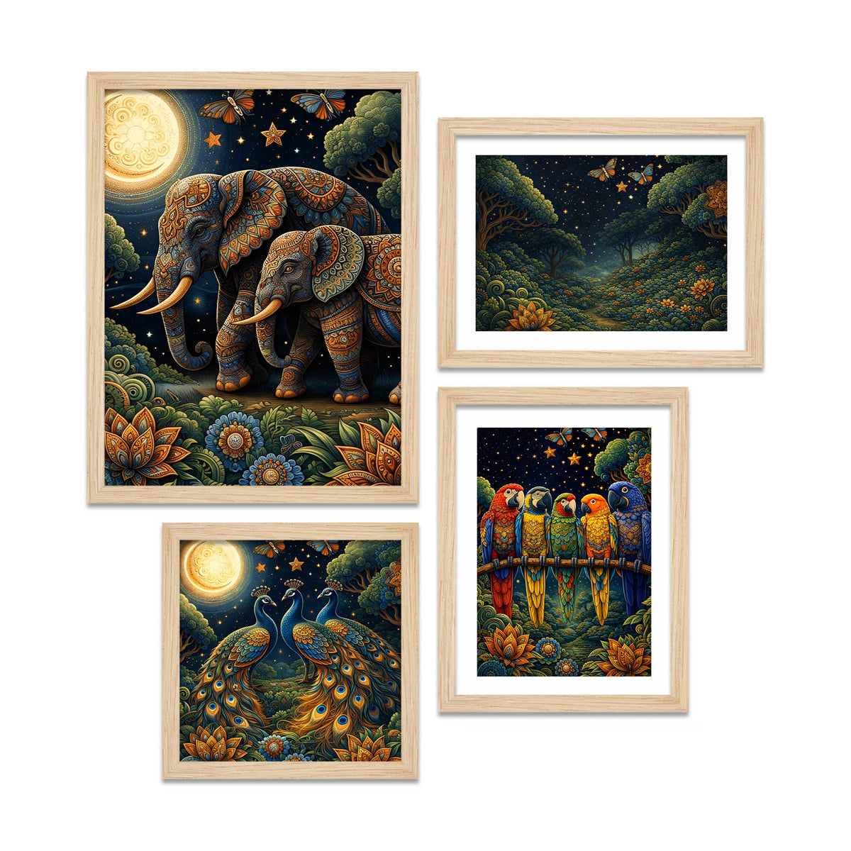 Moonlit Wildlife Art Wall Frame Set of Four