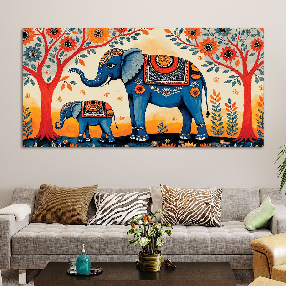 Mother and Baby Elephant Colorful Wall Painting