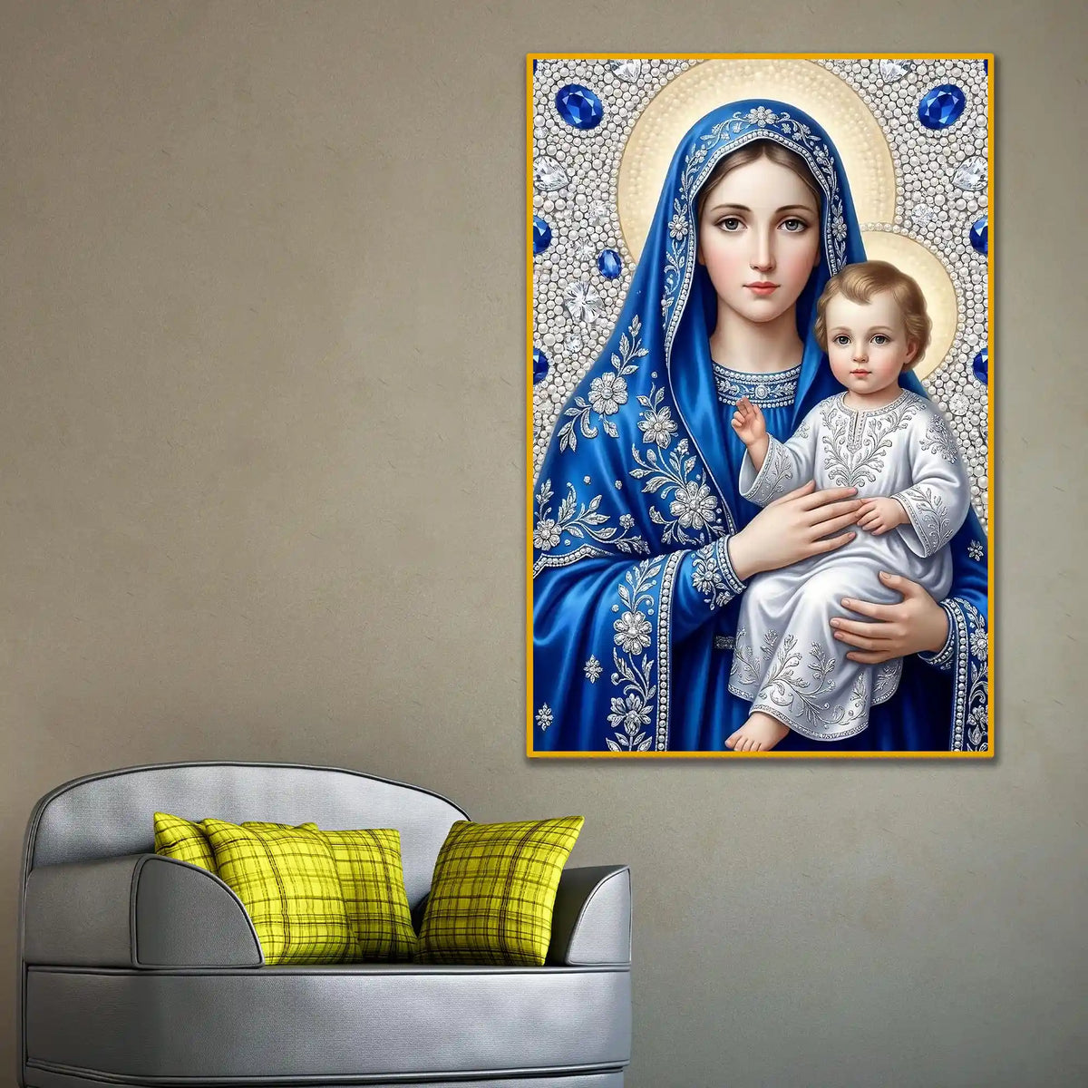 Mother Mary and Baby Jesus Floating Frame Crystal Wall Painting