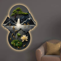 Mountains Bonsai Tree Lotus & Waterfall Crystal Glass Backlit LED Wall Art