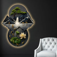 Mountains Bonsai Tree Lotus & Waterfall Crystal Glass Backlit LED Wall Art