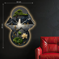Mountains Bonsai Tree Lotus & Waterfall Crystal Glass Backlit LED Wall Art