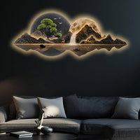 Mountains Trees Moonlit Waterfall & Deer Crystal Glass Backlit LED Wall Art