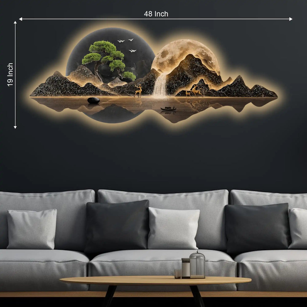 Mountains Trees Moonlit Waterfall & Deer Crystal Glass Backlit LED Wall Art