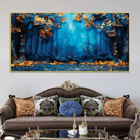 Mystic Blue Forest Golden Autumn Leaves Abstract Canvas Wall Painting