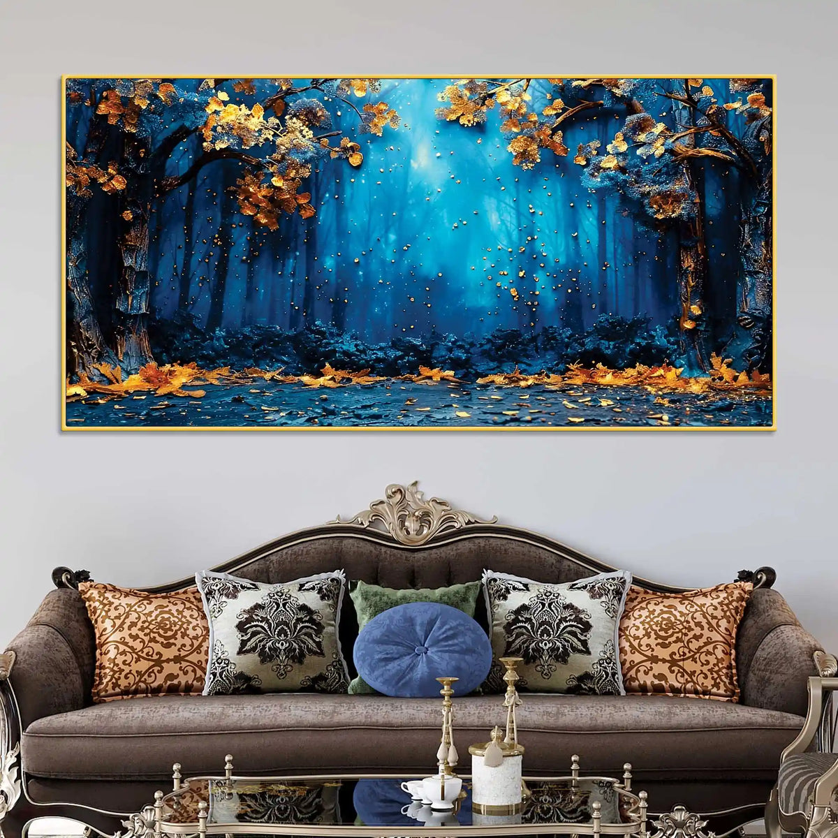 Mystic Blue Forest Golden Autumn Leaves Abstract Canvas Wall Painting