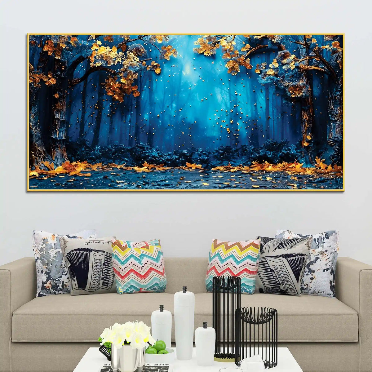 Mystic Blue Forest Golden Autumn Leaves Abstract Canvas Wall Painting