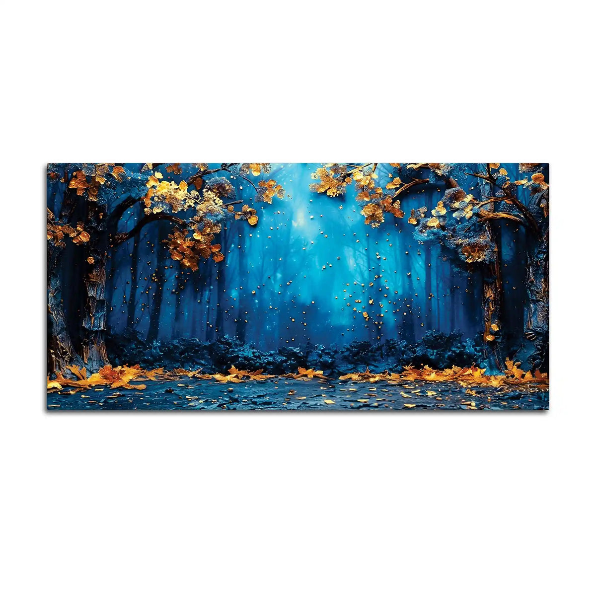 Mystic Blue Forest Golden Autumn Leaves Abstract Canvas Wall Painting