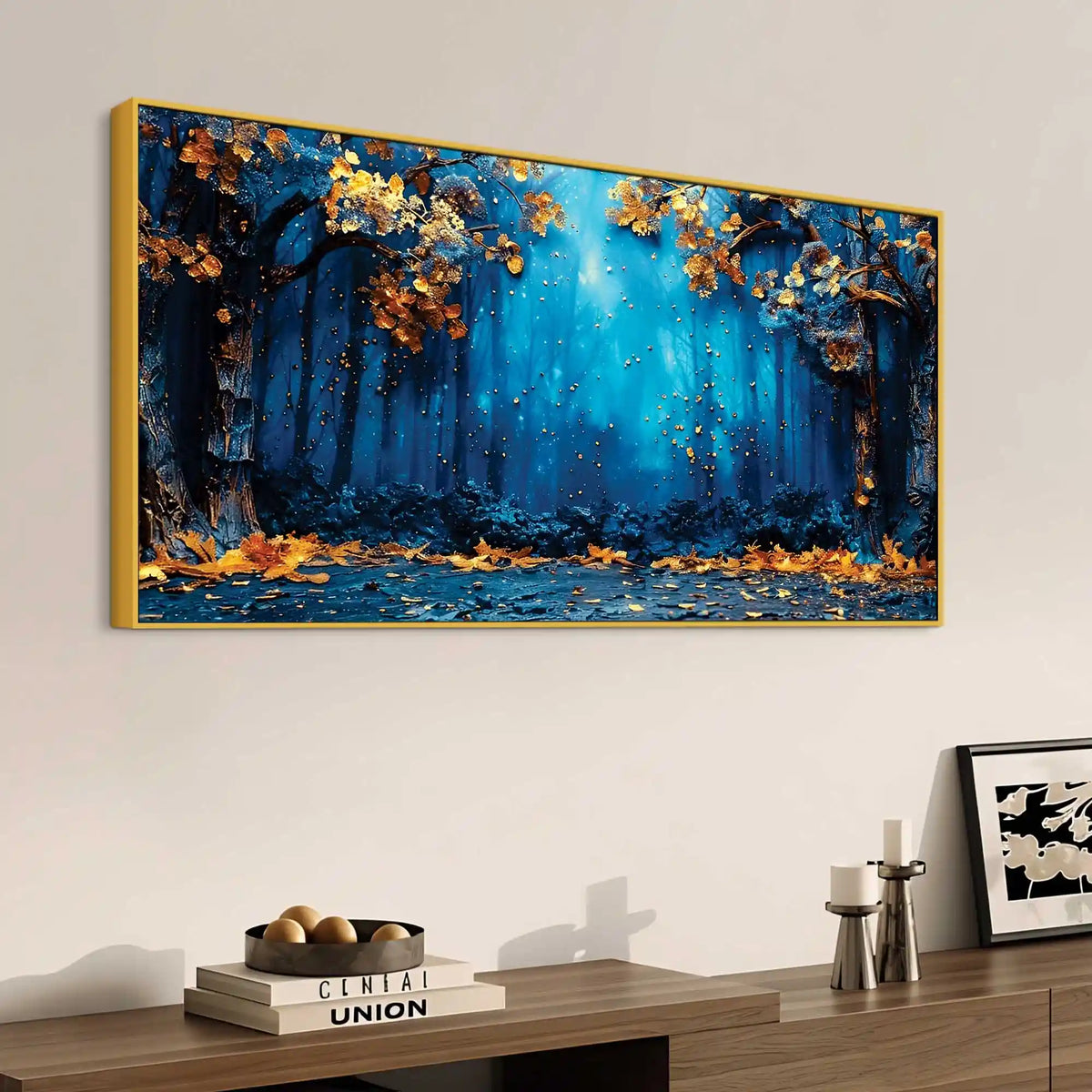 Mystic Blue Forest Golden Autumn Leaves Abstract Canvas Wall Painting