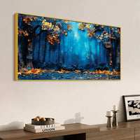 Mystic Blue Forest Golden Autumn Leaves Abstract Canvas Wall Painting