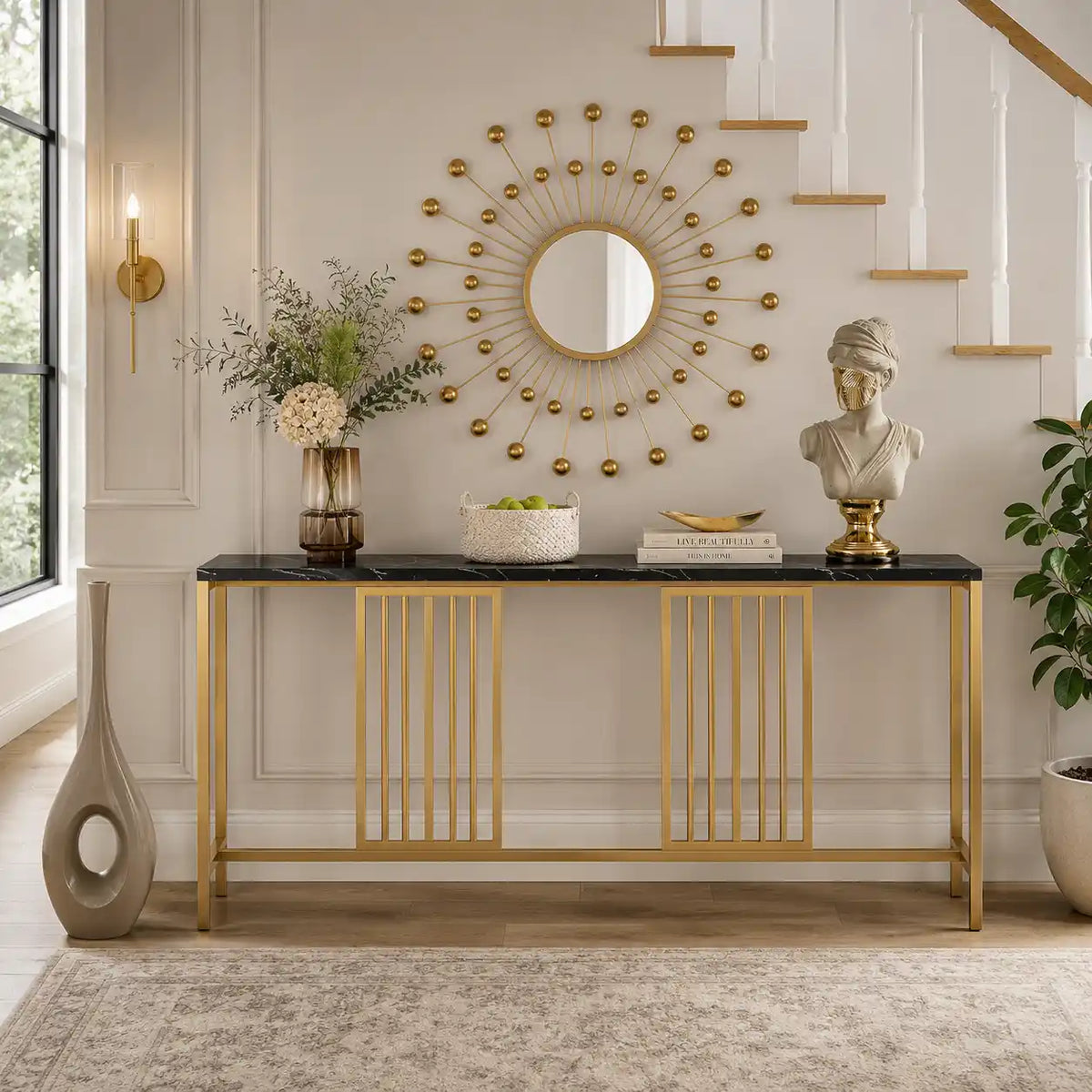 Narrow Long Faux Black Marble Gold Console Table