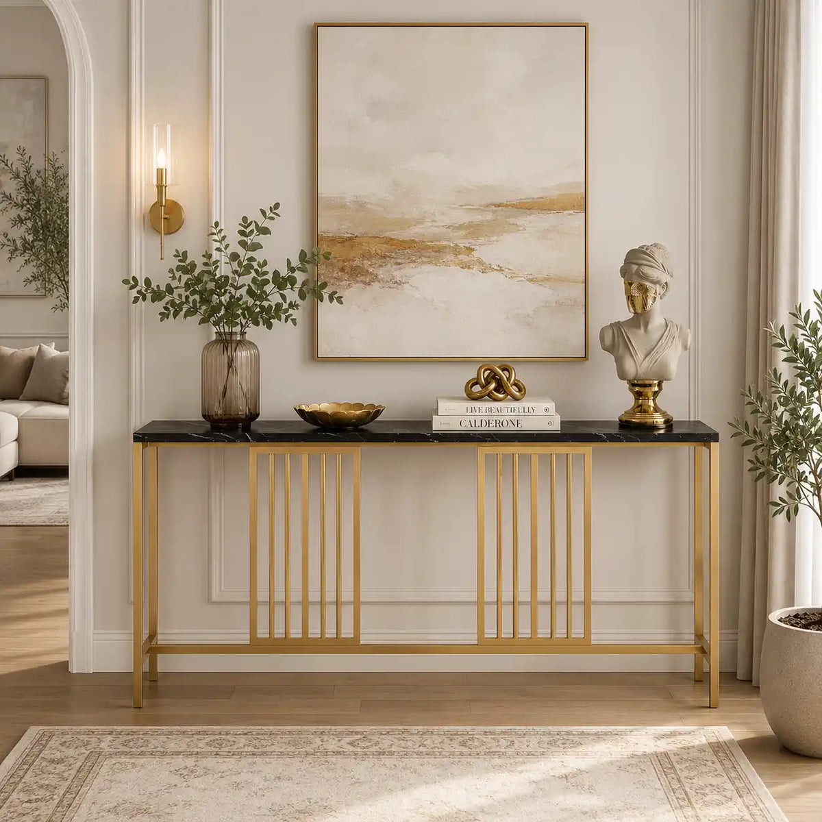 Narrow Long Faux Black Marble Gold Console Table
