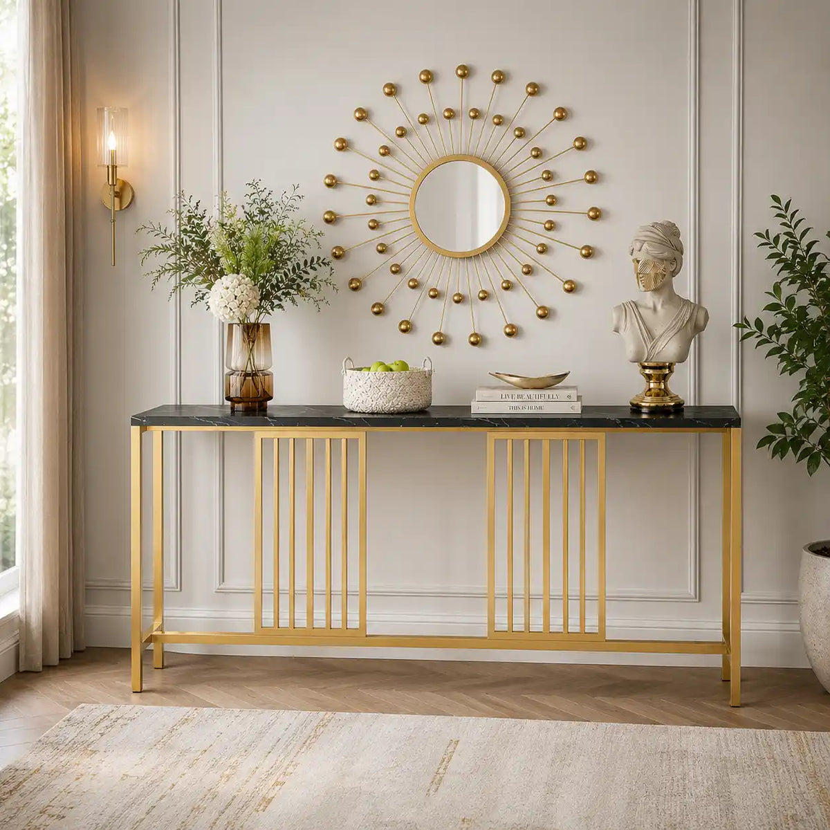 Narrow Long Faux Black Marble Gold Console Table