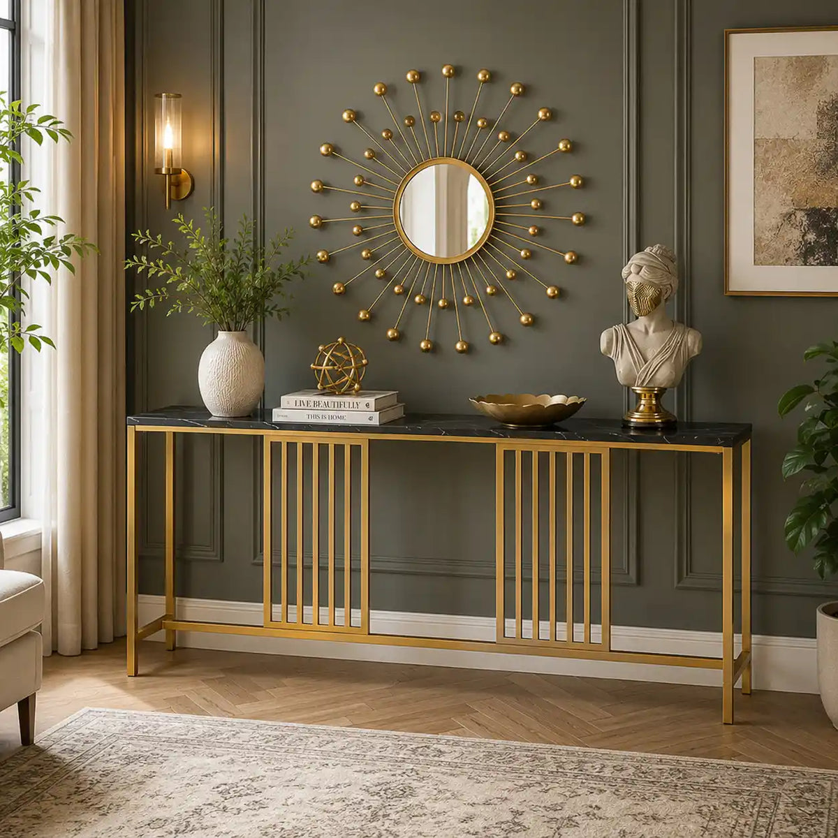 Narrow Long Faux Black Marble Gold Console Table