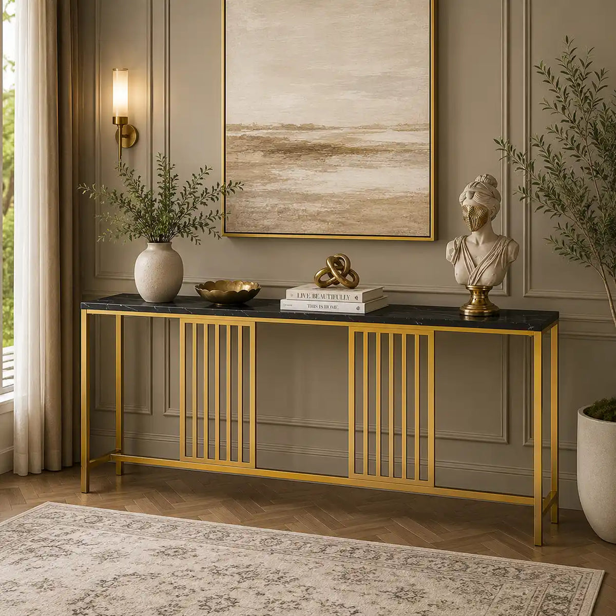 Narrow Long Faux Black Marble Gold Console Table