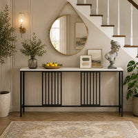 Narrow Long Faux White Marble Black Console Table