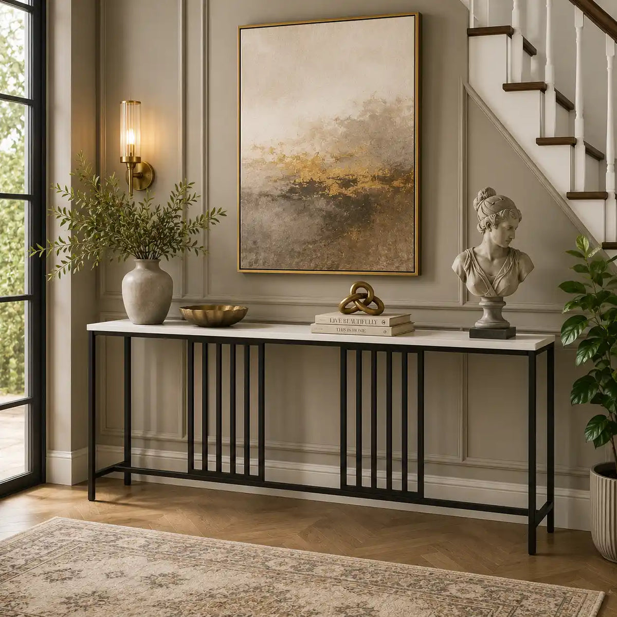 Narrow Long Faux White Marble Black Console Table