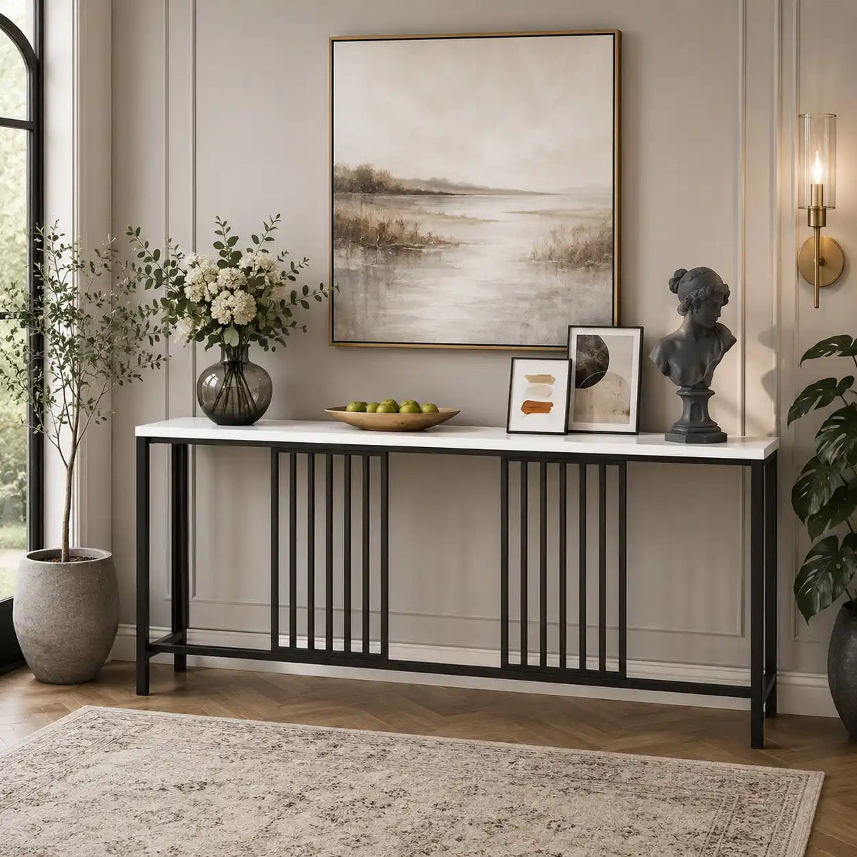 Narrow Long Faux White Marble Black Console Table