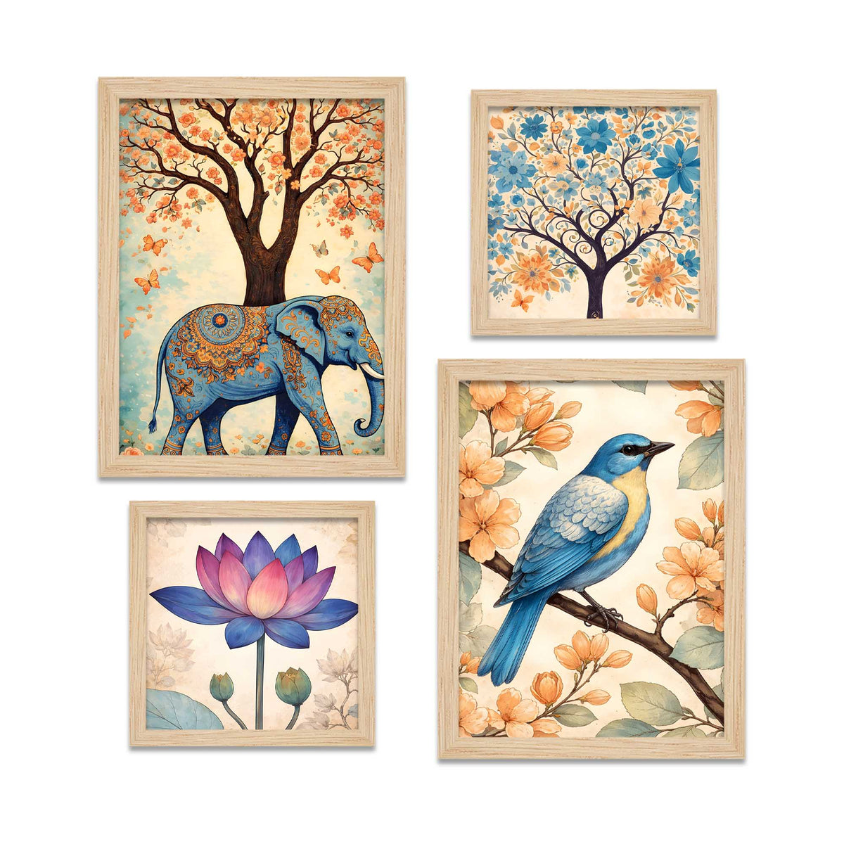Nature Harmony Elephant, Lotus & Bird Wall Frame Set of Four