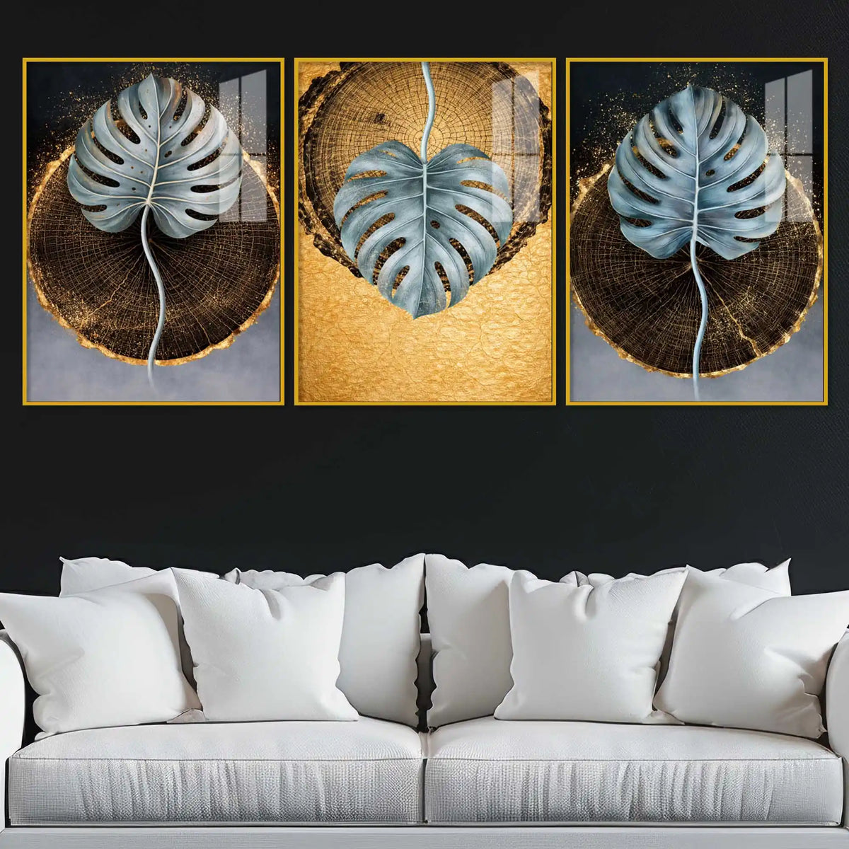Nature in Gold Acrylic Floating Frame Wall Painting Set of 3