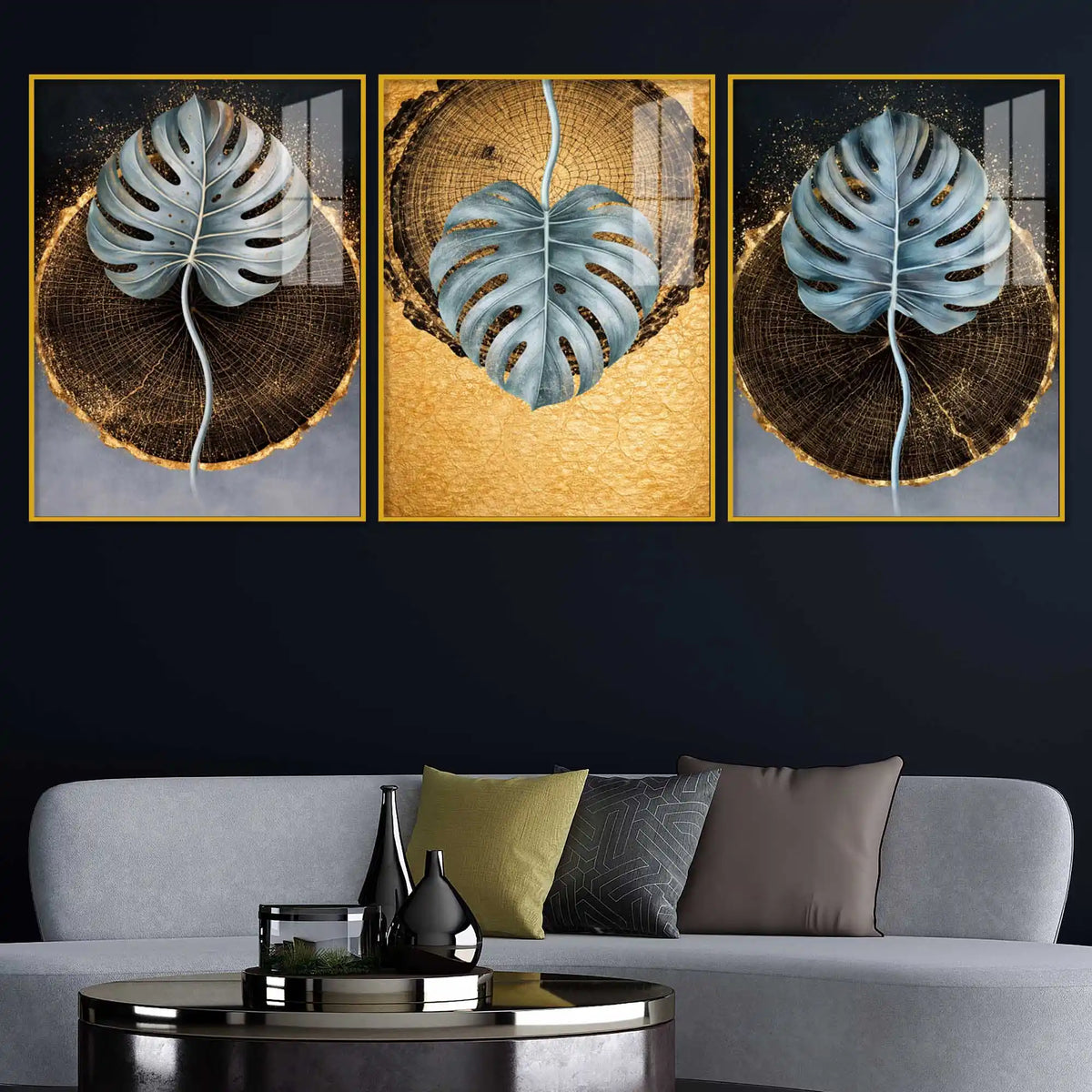 Nature in Gold Acrylic Floating Frame Wall Painting Set of 3
