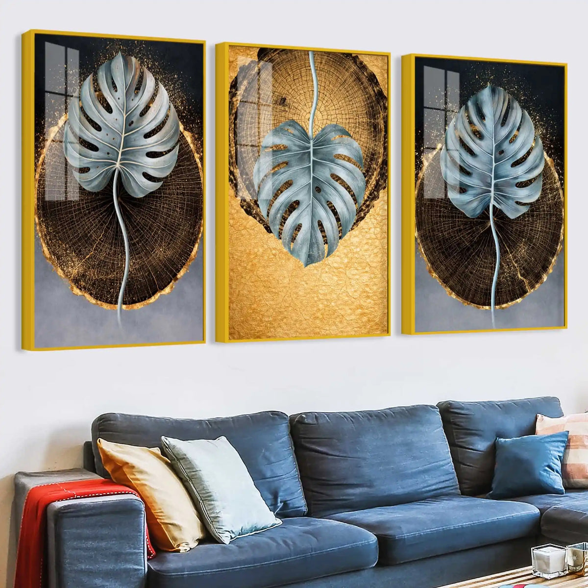 Nature in Gold Acrylic Floating Frame Wall Painting Set of 3