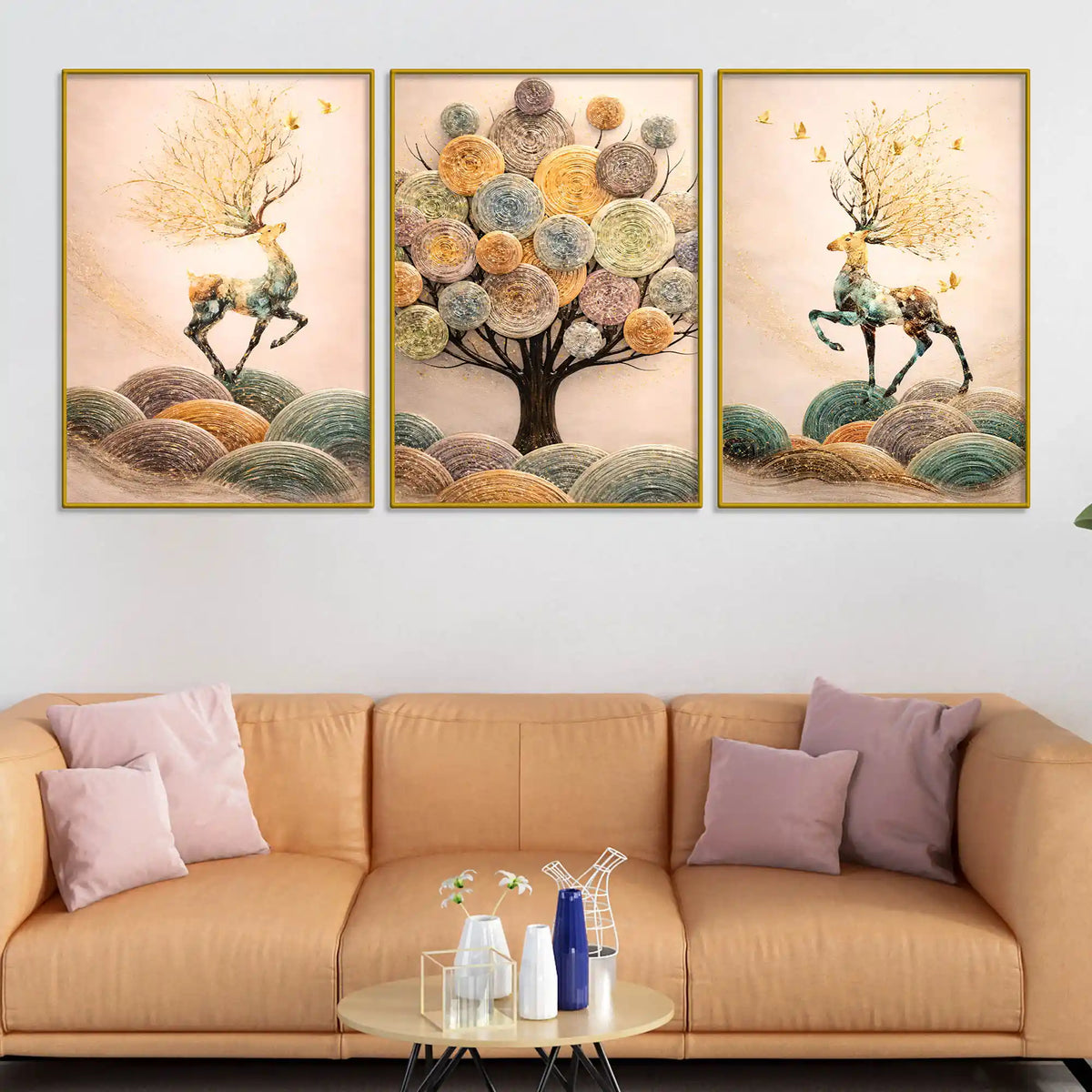 Nature Inspired Deer on Hills & Giant Tree Floating Frame Crystal Wall Painting Set of 3