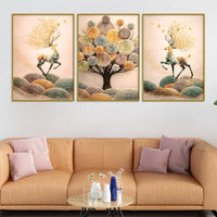 Nature Inspired Deer on Hills & Giant Tree Floating Frame Crystal Wall Painting Set of 3
