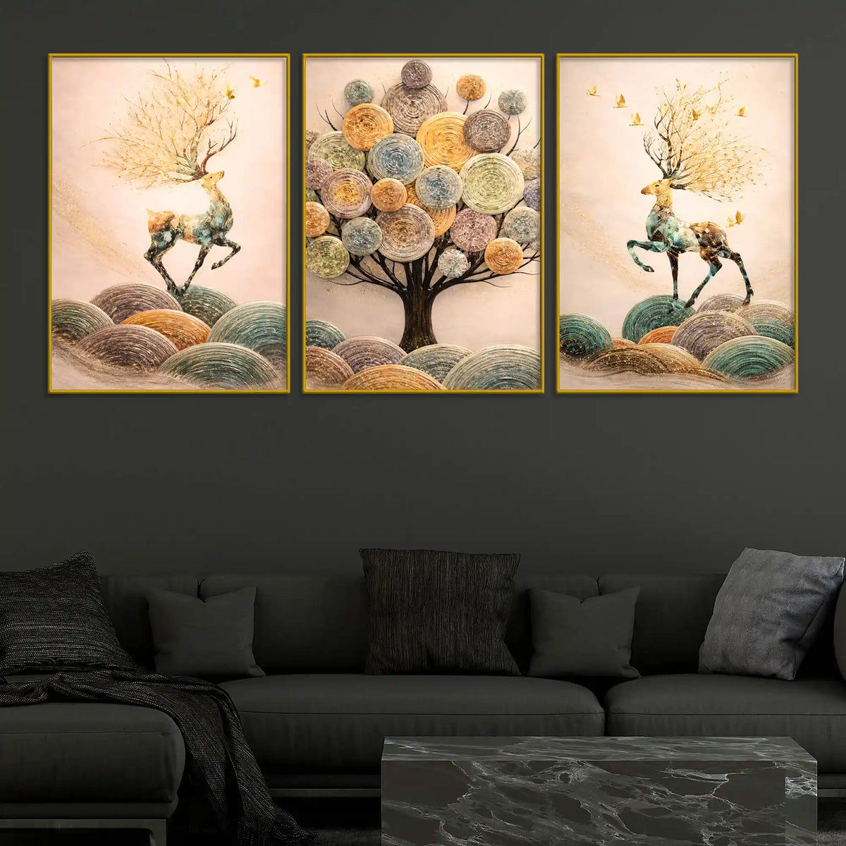 Nature Inspired Deer on Hills & Giant Tree Floating Frame Crystal Wall Painting Set of 3