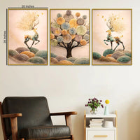 Nature Inspired Deer on Hills & Giant Tree Floating Frame Crystal Wall Painting Set of 3