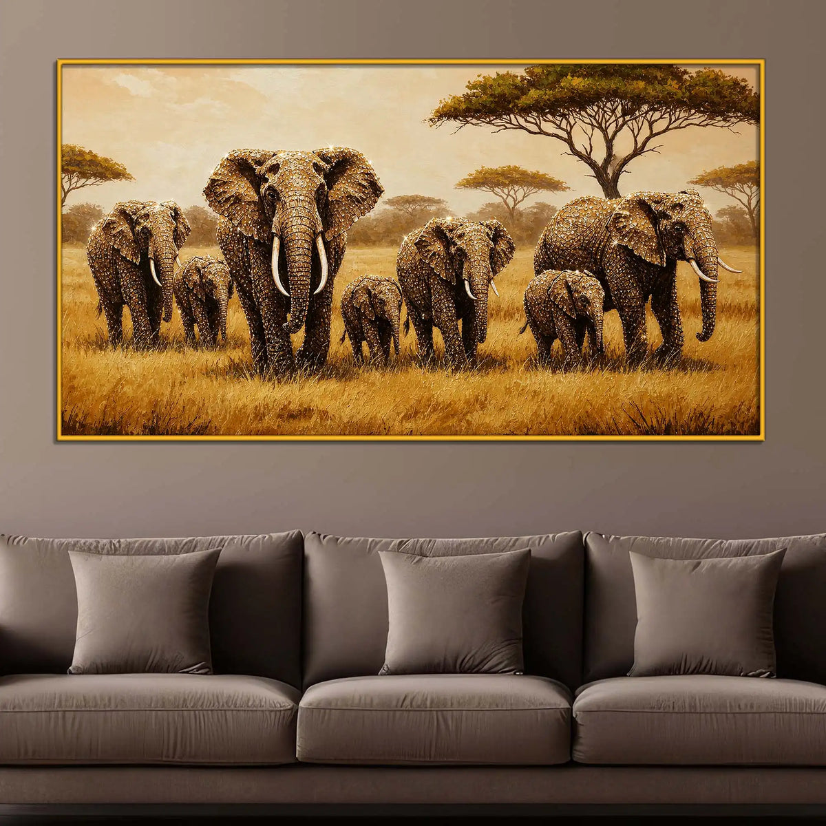 Nature Inspired Elephant Family Floating Frame Crystal Wall Painting