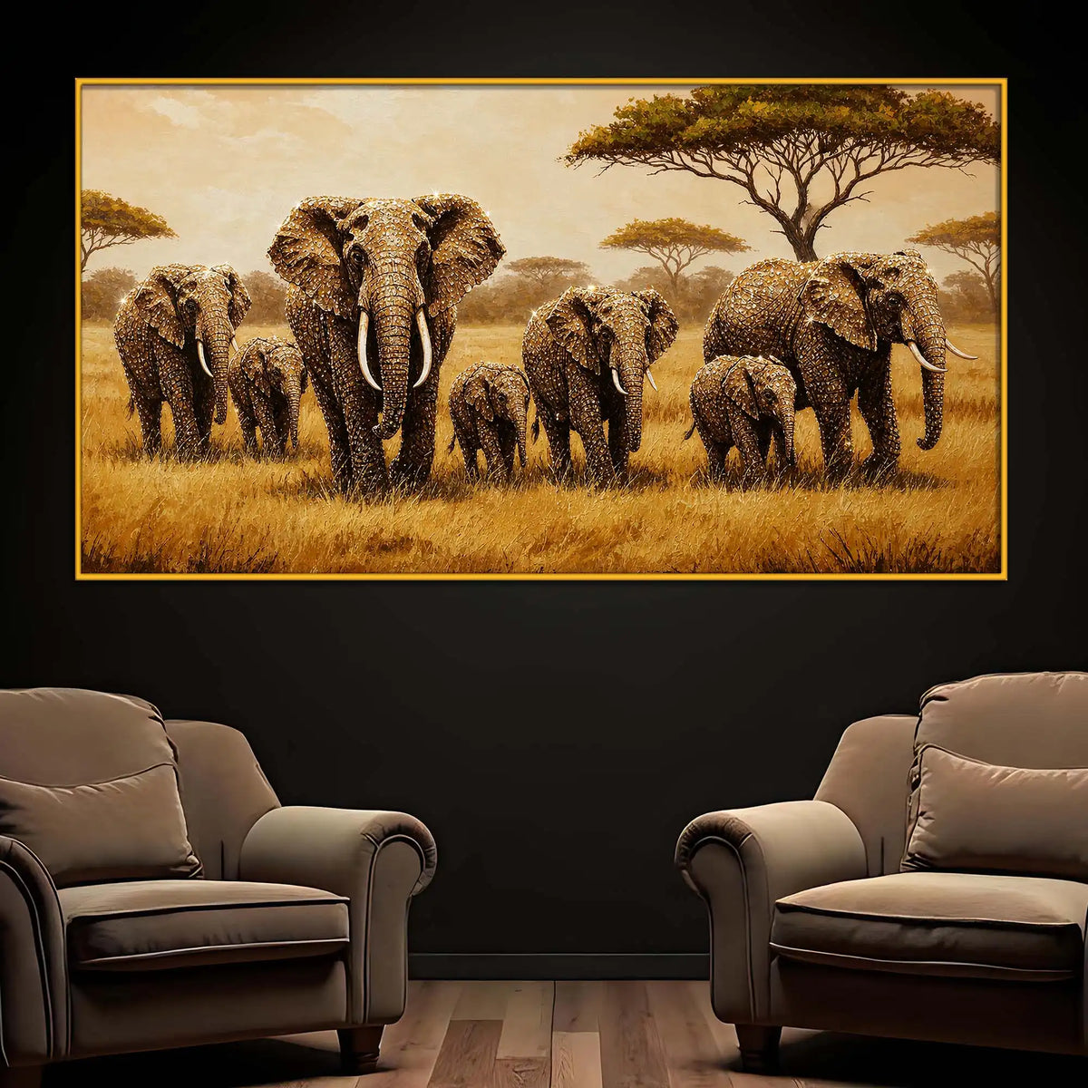 Nature Inspired Elephant Family Floating Frame Crystal Wall Painting