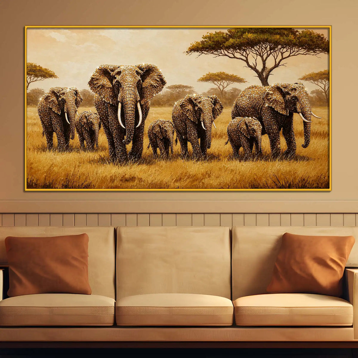 Nature Inspired Elephant Family Floating Frame Crystal Wall Painting
