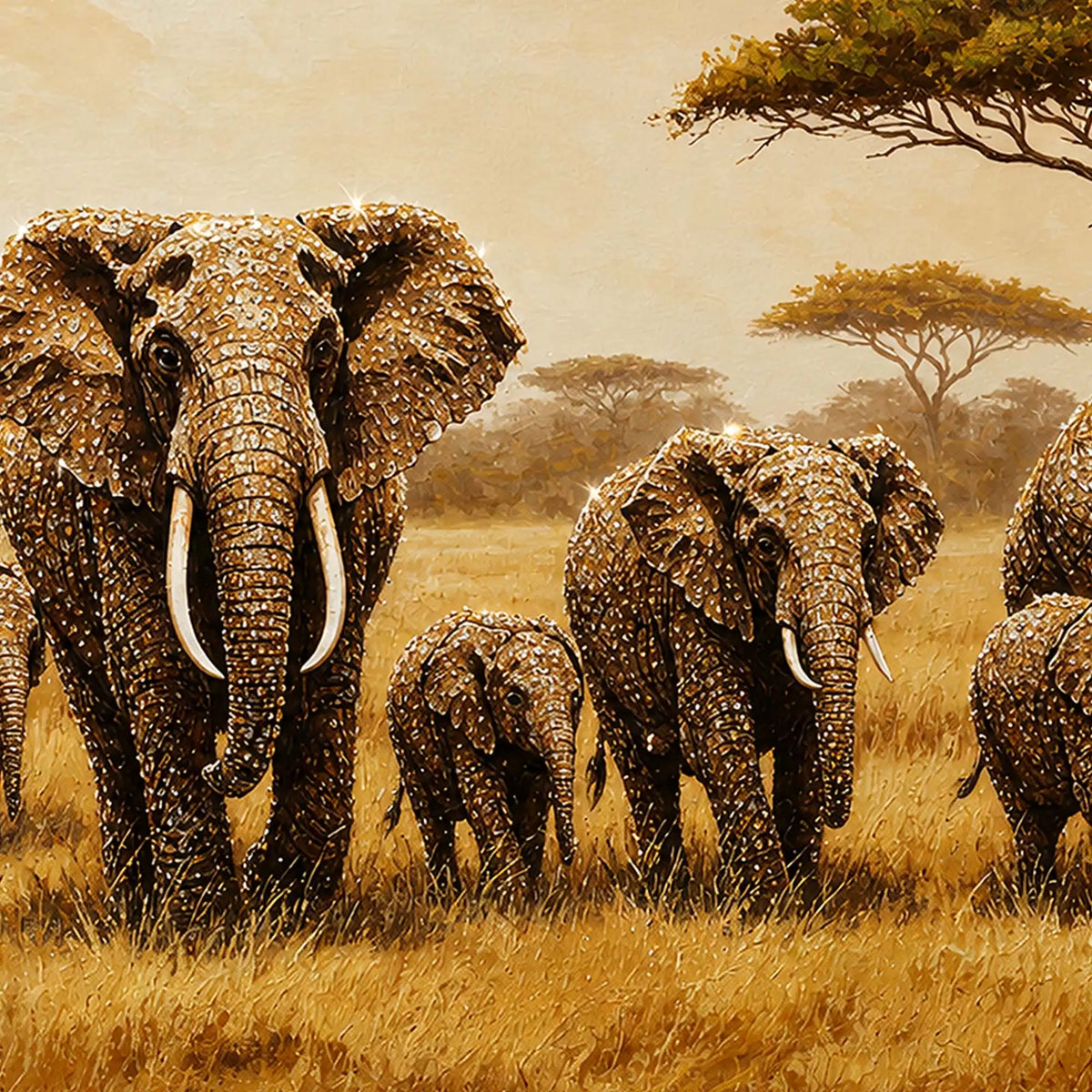 Nature Inspired Elephant Family Floating Frame Crystal Wall Painting